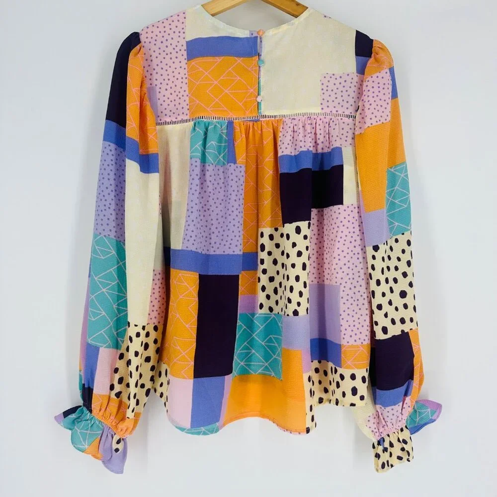 Fate Multicolor Abstract Patchwork Long Puff Sleeve Ruffle Keyhole Blouse Size S - Picture 4 of 9